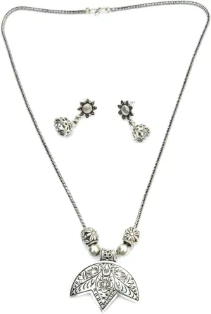 Indian Jewelry German Silver Fashion Jewelry Set Stylish Antique Necklace Jewelry Set for Women Flower Shape Silver Pendant with Stud Jhumki Earring for Women Fashion Jewellery