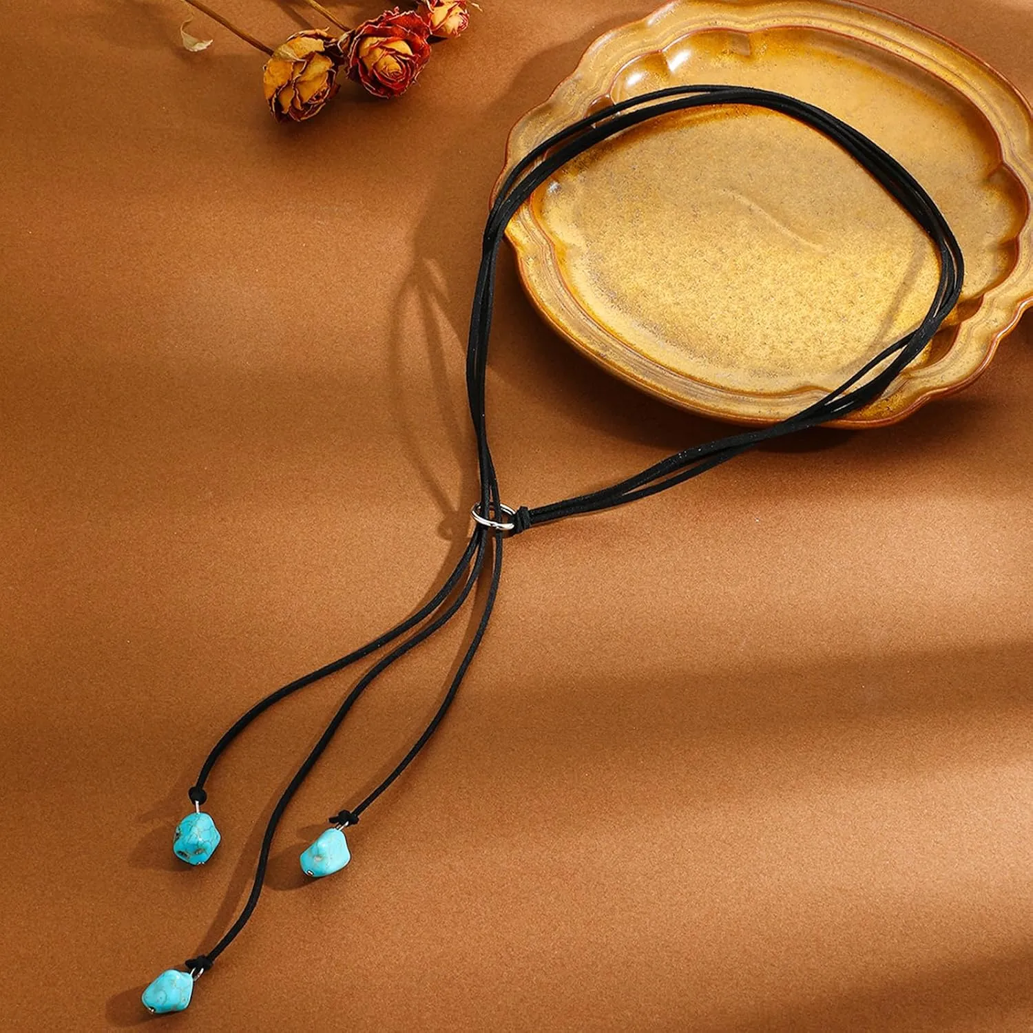 INENIMARTJ Boho Leather Necklaces for Women Suede Choker Necklace Vintage Bohemian Turquoise Necklace Layered Leather Choker Y-Necklaces Trendy Western Necklaces for Women