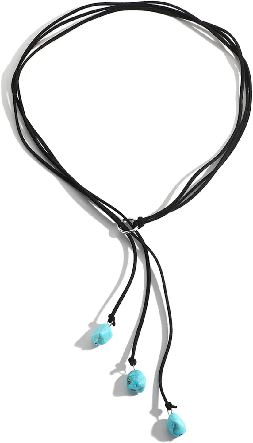 INENIMARTJ Boho Leather Necklaces for Women Suede Choker Necklace Vintage Bohemian Turquoise Necklace Layered Leather Choker Y-Necklaces Trendy Western Necklaces for Women