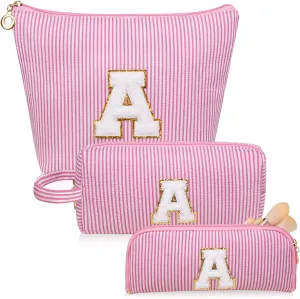 Initials Makeup Bag Set, Personalized Pink Cosmetic Bag, Cute Large Make up Bags, Travel Toiletry Bag for Women Girl Gifts A (Pink)