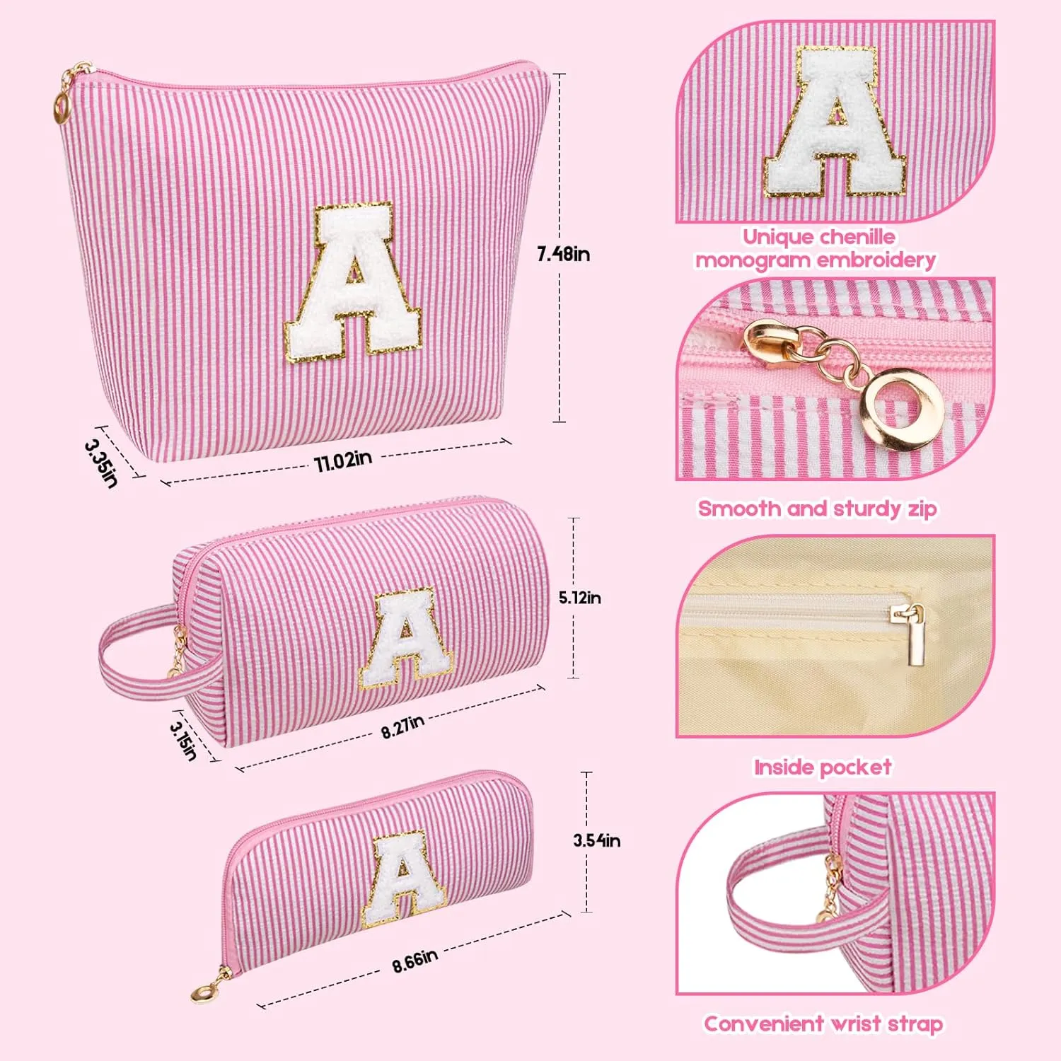Initials Makeup Bag Set, Personalized Pink Cosmetic Bag, Cute Large Make up Bags, Travel Toiletry Bag for Women Girl Gifts A (Pink)