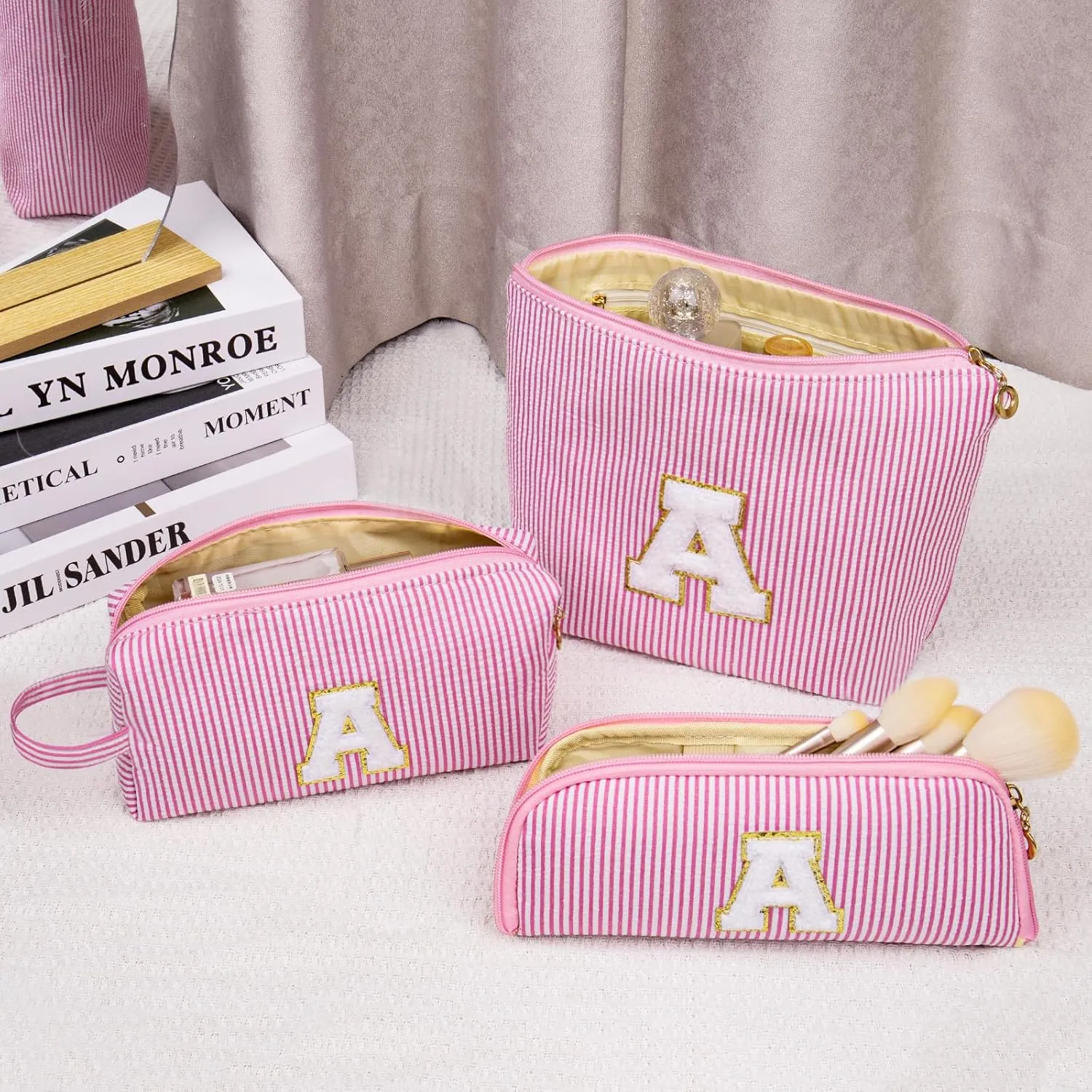 Initials Makeup Bag Set, Personalized Pink Cosmetic Bag, Cute Large Make up Bags, Travel Toiletry Bag for Women Girl Gifts A (Pink)