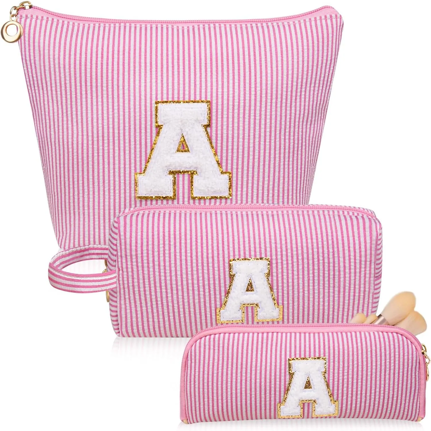 Initials Makeup Bag Set, Personalized Pink Cosmetic Bag, Cute Large Make up Bags, Travel Toiletry Bag for Women Girl Gifts A (Pink)