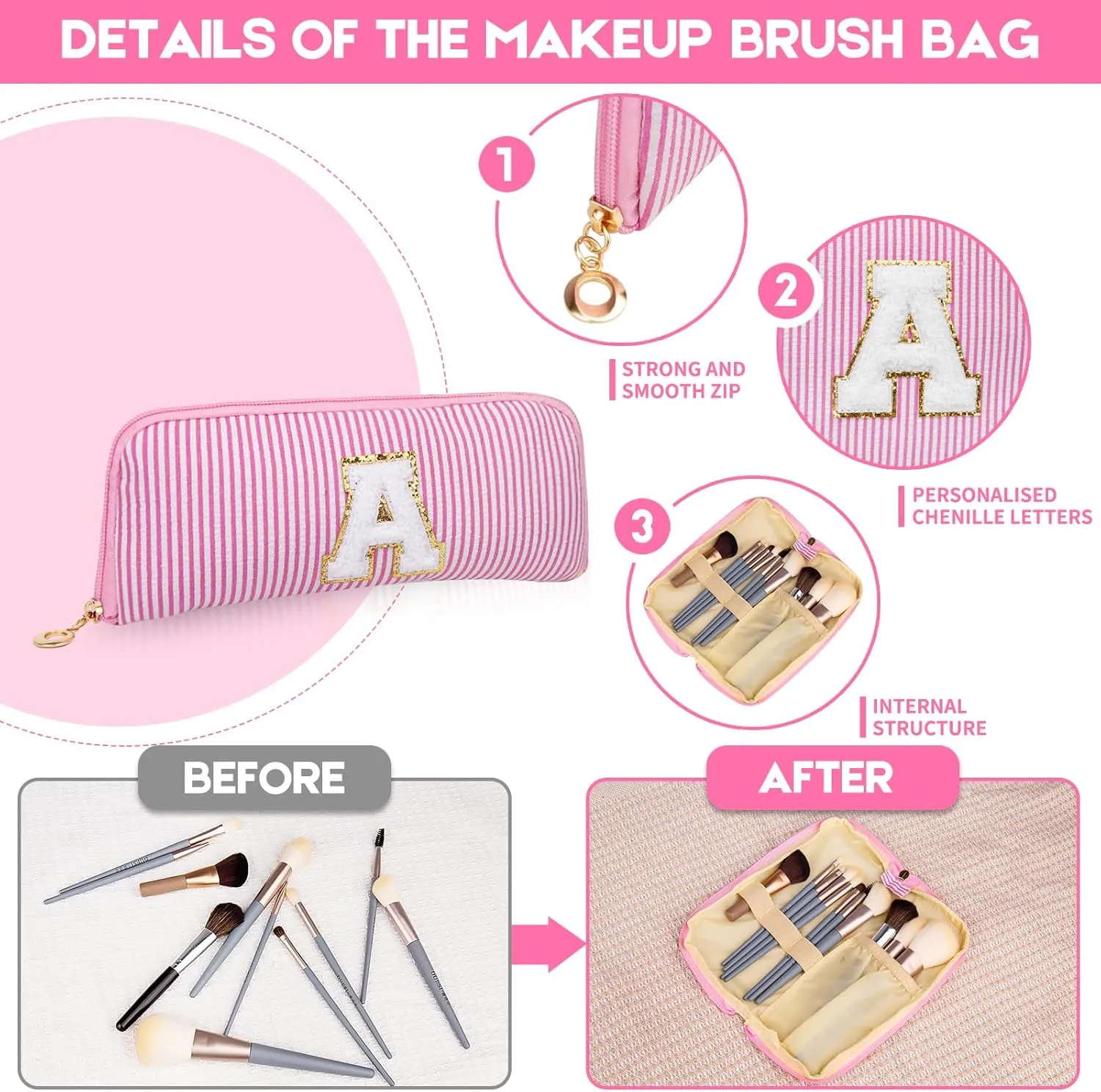 Initials Makeup Bag Set, Personalized Pink Cosmetic Bag, Cute Large Make up Bags, Travel Toiletry Bag for Women Girl Gifts A (Pink)