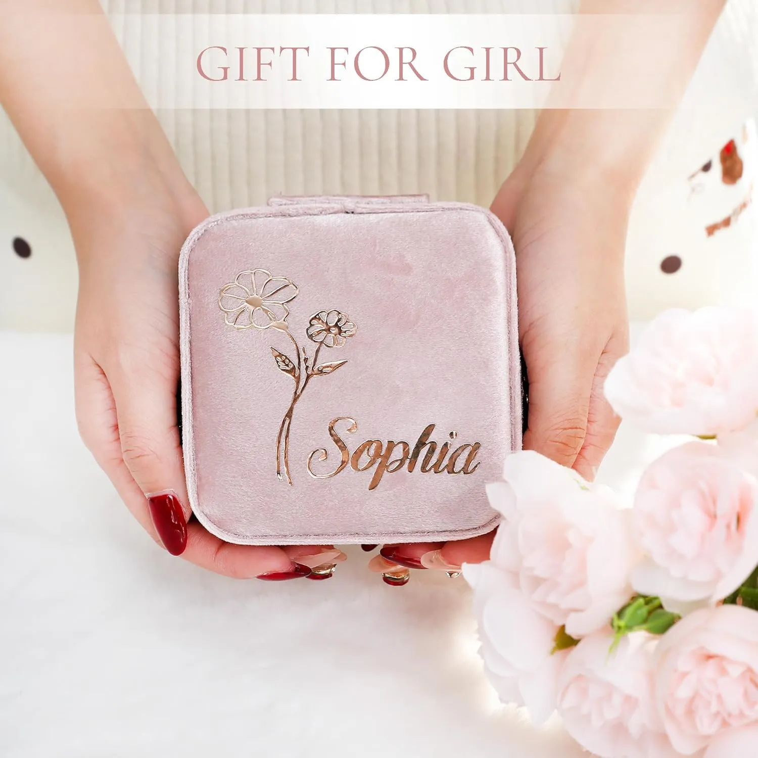 Jewelry Box, Custom Bridesmaid Gift with Golden Birthday Flowers & Name, Personalized Graduation Gift, Travel Jewelry Case as Bachelorette Party Favors for Women Girls- Velvet Jewelry Organizer