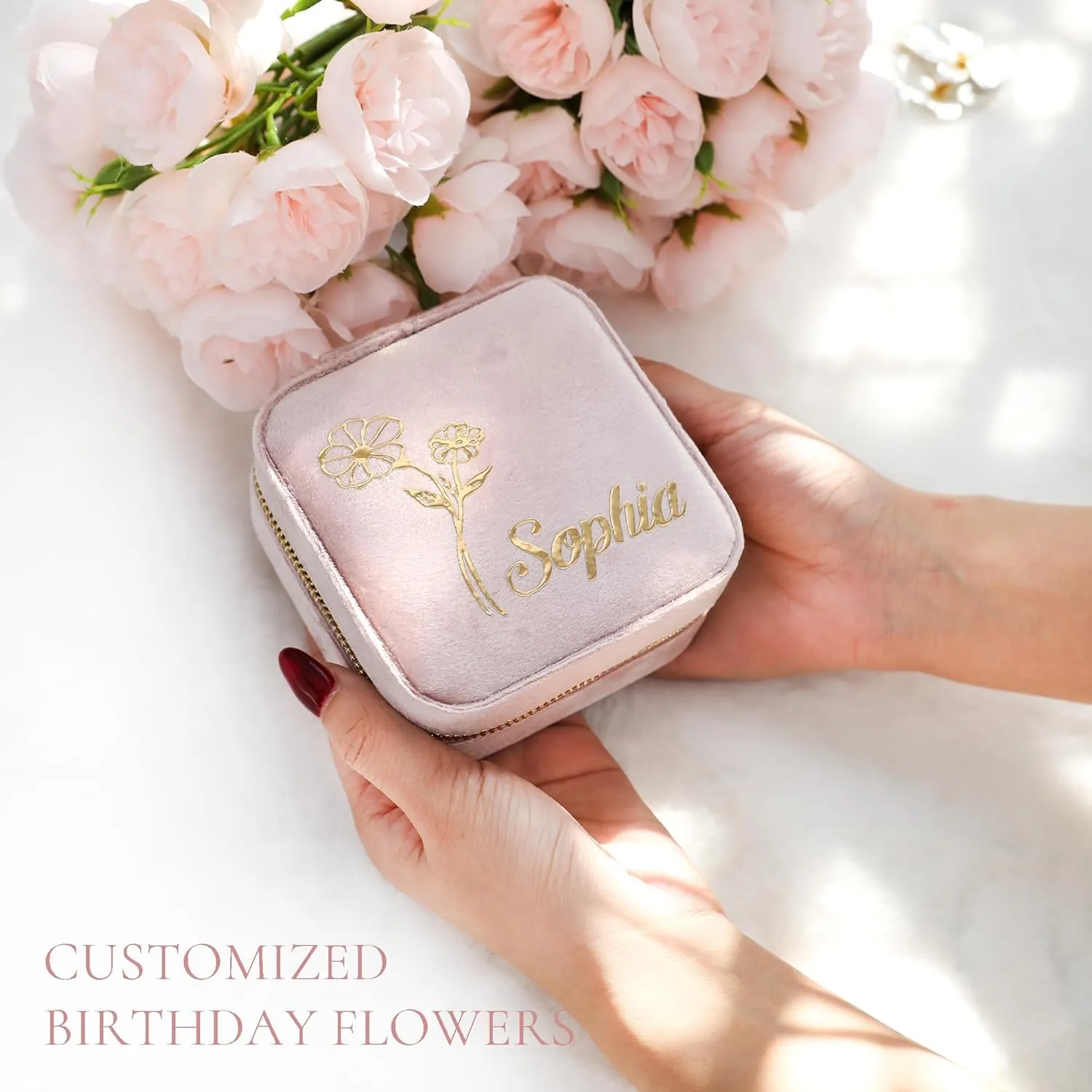 Jewelry Box, Custom Bridesmaid Gift with Golden Birthday Flowers & Name, Personalized Graduation Gift, Travel Jewelry Case as Bachelorette Party Favors for Women Girls- Velvet Jewelry Organizer