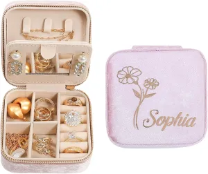 Jewelry Box, Custom Bridesmaid Gift with Golden Birthday Flowers & Name, Personalized Graduation Gift, Travel Jewelry Case as Bachelorette Party Favors for Women Girls- Velvet Jewelry Organizer