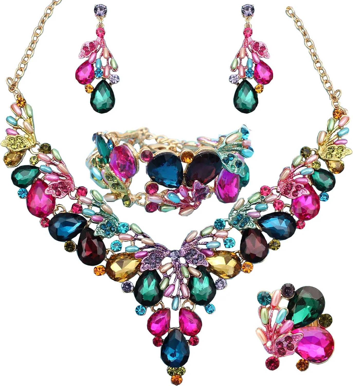Jewelry Set for Women, Statement Necklace Dangle Earrings Bracelet Ring, White/KC Gold Plated Jewelry Set with Rhinestone Pearl Crystal Wedding Party Jewelry for Bridal Bridesmaid