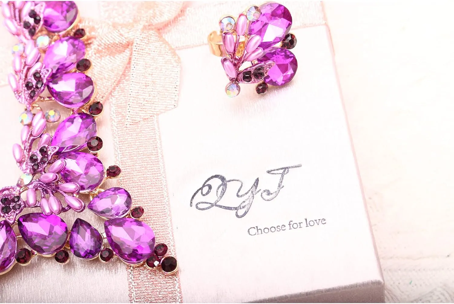 Jewelry Set for Women, Statement Necklace Dangle Earrings Bracelet Ring, White/KC Gold Plated Jewelry Set with Rhinestone Pearl Crystal Wedding Party Jewelry for Bridal Bridesmaid