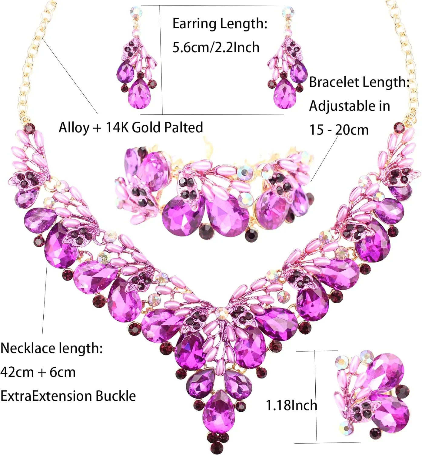 Jewelry Set for Women, Statement Necklace Dangle Earrings Bracelet Ring, White/KC Gold Plated Jewelry Set with Rhinestone Pearl Crystal Wedding Party Jewelry for Bridal Bridesmaid