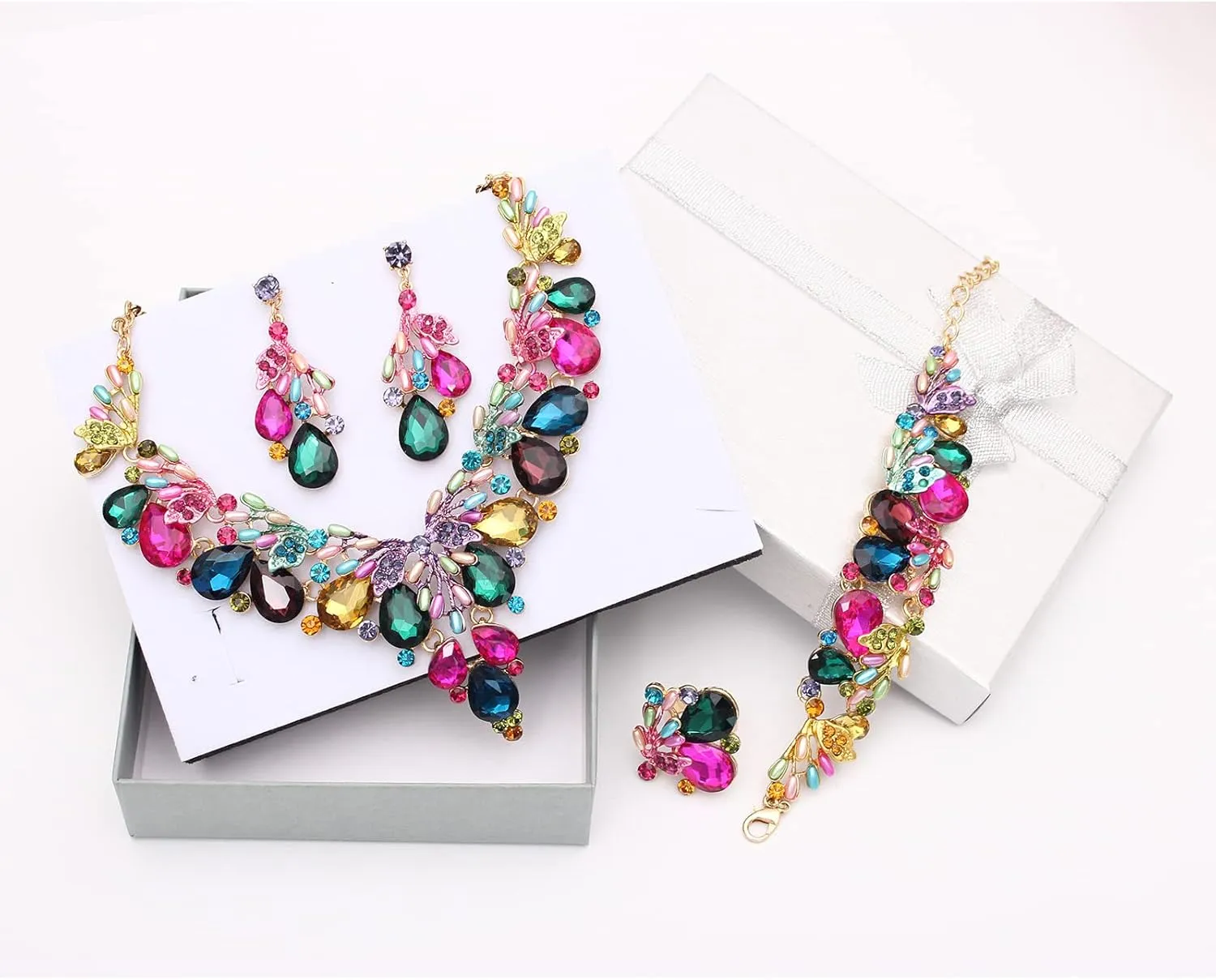 Jewelry Set for Women, Statement Necklace Dangle Earrings Bracelet Ring, White/KC Gold Plated Jewelry Set with Rhinestone Pearl Crystal Wedding Party Jewelry for Bridal Bridesmaid