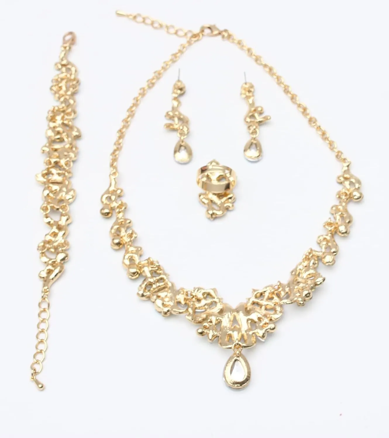 Jewelry Set for Women, Statement Necklace Dangle Earrings Bracelet Ring, White/KC Gold Plated Jewelry Set with Rhinestone Pearl Crystal Wedding Party Jewelry for Bridal Bridesmaid