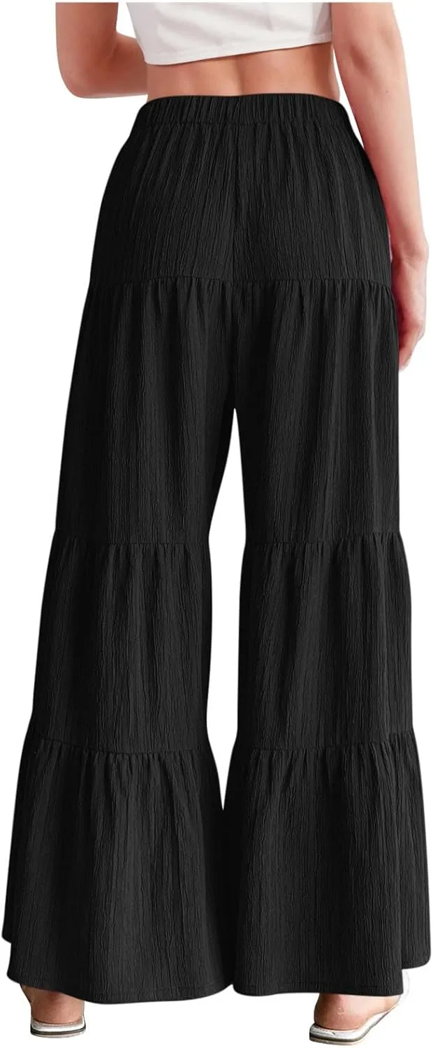 JOAU Women's Flowy Boho Elastic High Waist Ruffle Hem Wide Leg Beach Loose Palazzo Pants Summer Baggy Tiered Flared Trousers