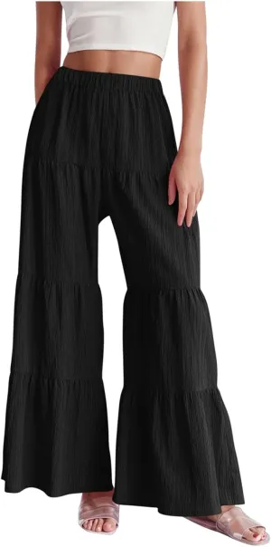 JOAU Women's Flowy Boho Elastic High Waist Ruffle Hem Wide Leg Beach Loose Palazzo Pants Summer Baggy Tiered Flared Trousers