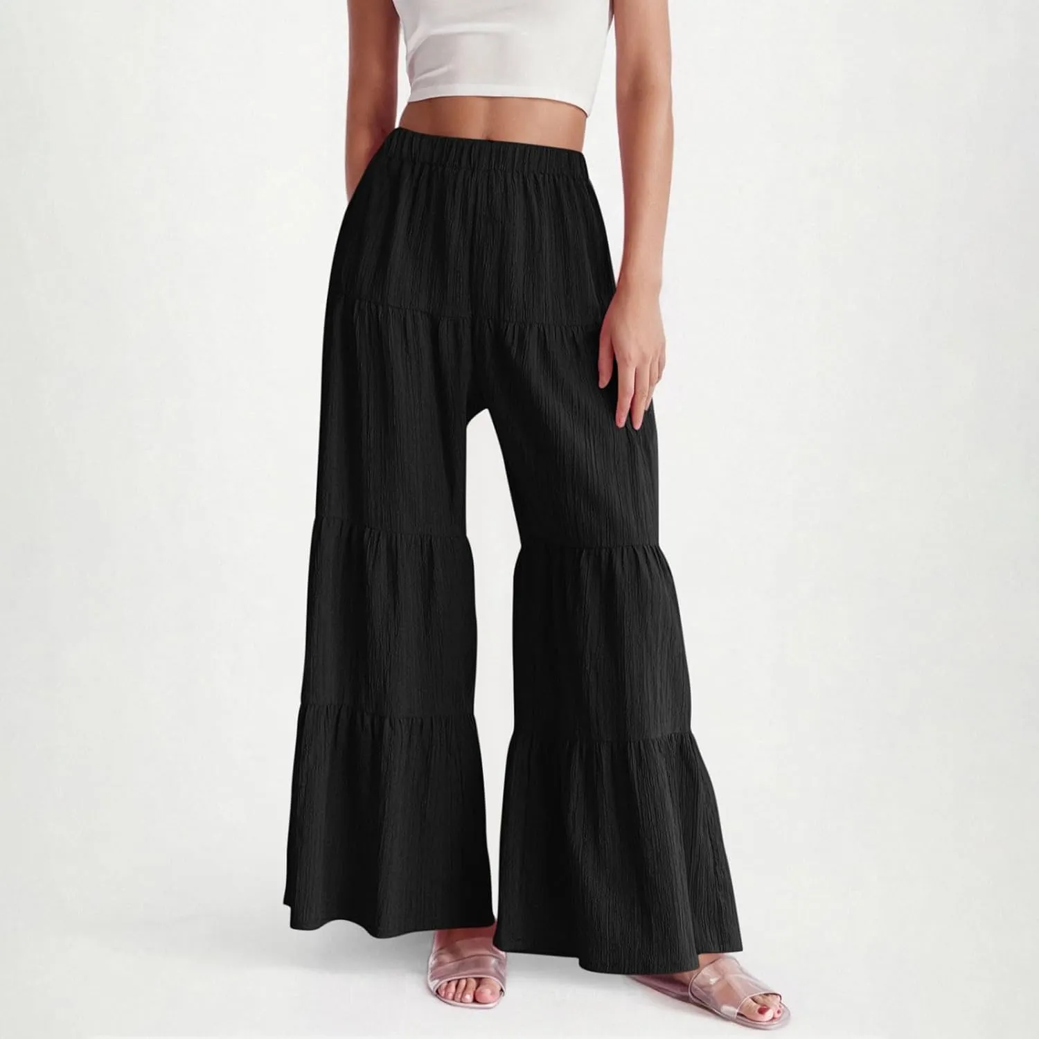 JOAU Women's Flowy Boho Elastic High Waist Ruffle Hem Wide Leg Beach Loose Palazzo Pants Summer Baggy Tiered Flared Trousers