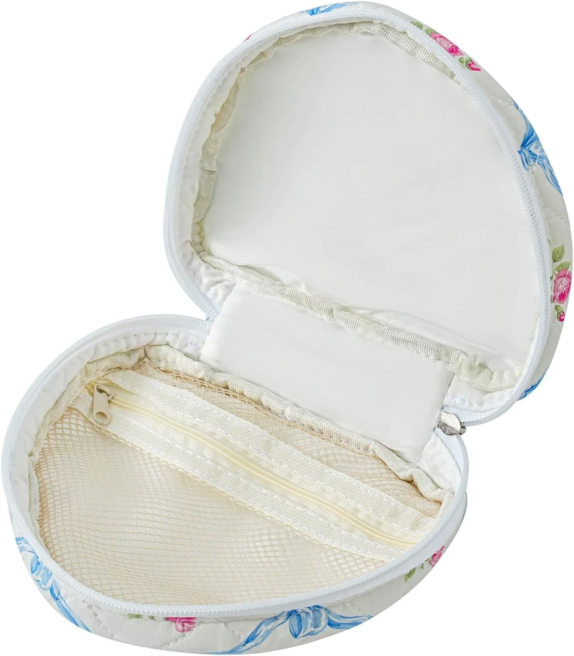 JOVAKIT Quilted Heart Shaped Makeup Bag Cosmetic Bag for Women with Handle, Floral Coquette Cotton Travel Makeup Case Toiletry Zipper Make Up Pouch, Travel Storage Organizer Stuff (Blue Bowknot)