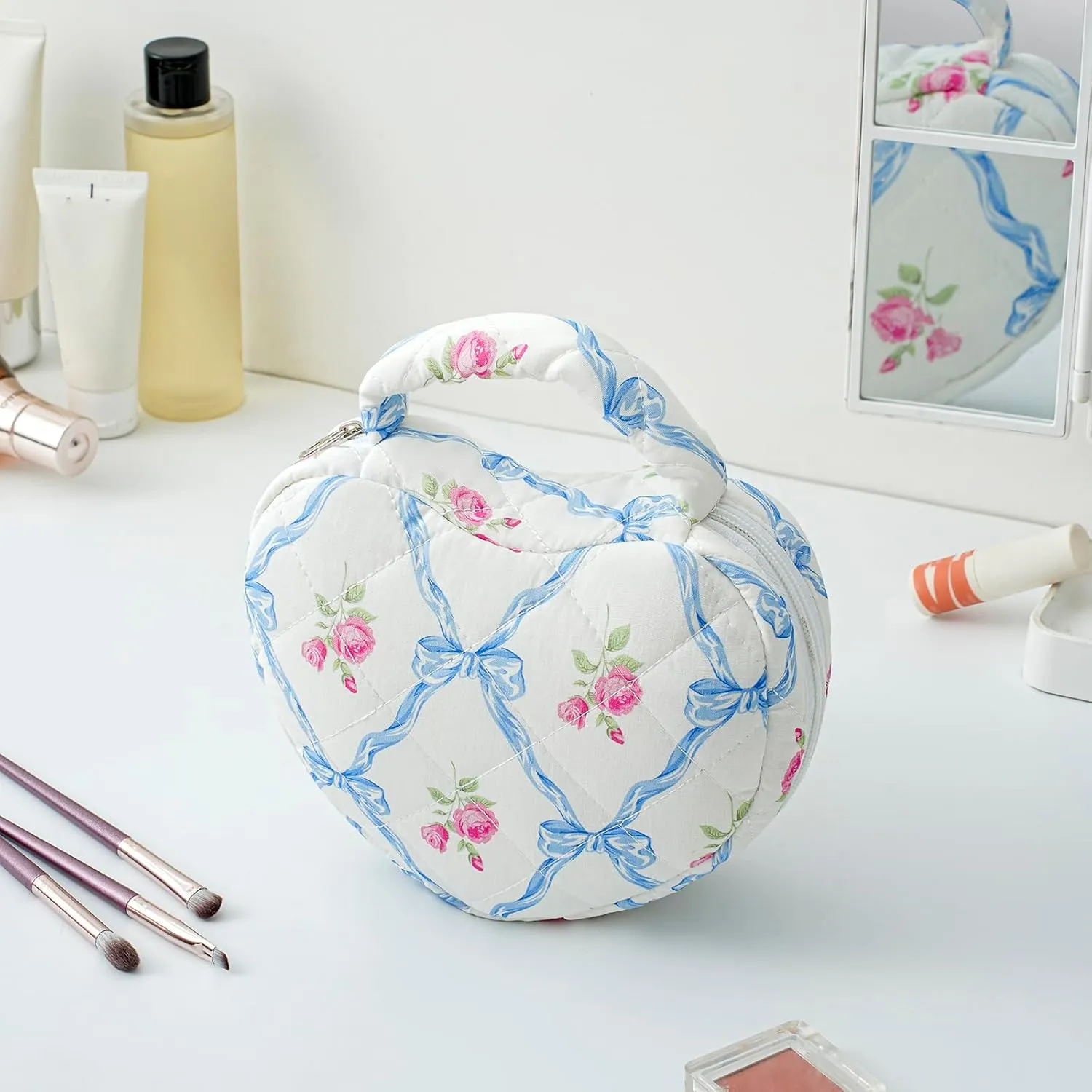 JOVAKIT Quilted Heart Shaped Makeup Bag Cosmetic Bag for Women with Handle, Floral Coquette Cotton Travel Makeup Case Toiletry Zipper Make Up Pouch, Travel Storage Organizer Stuff (Blue Bowknot)