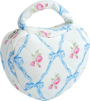 JOVAKIT Quilted Heart Shaped Makeup Bag Cosmetic Bag for Women with Handle, Floral Coquette Cotton Travel Makeup Case Toiletry Zipper Make Up Pouch, Travel Storage Organizer Stuff (Blue Bowknot)