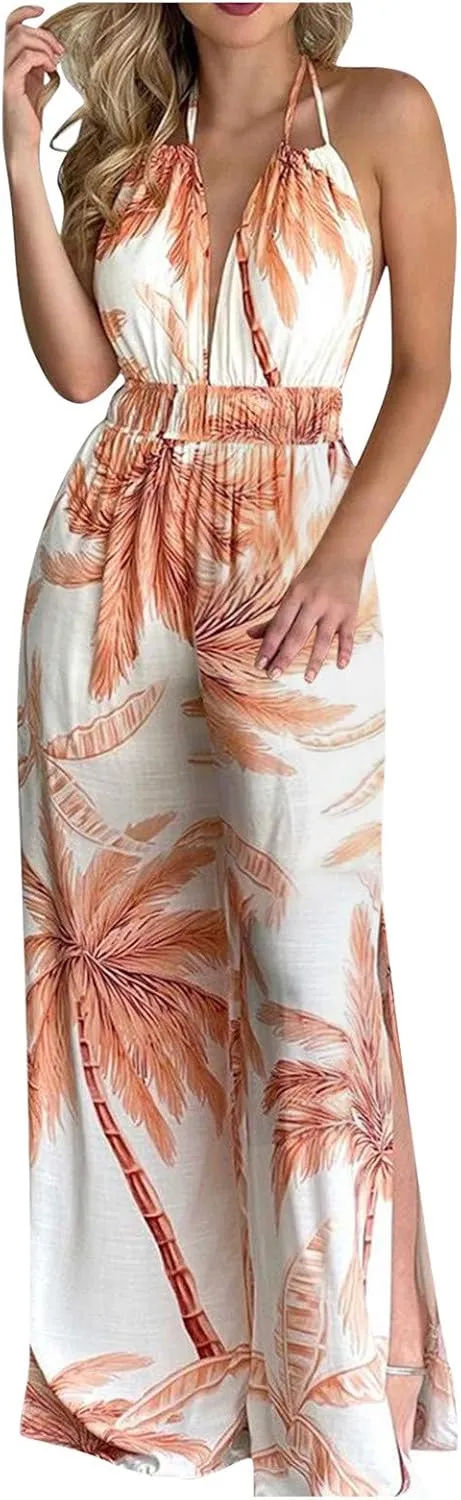 Jumpsuits for Women Casual Floral Print Sleeveless Halter Jumpsuit High Waist Wide Leg Pants Summer Beach Outfit
