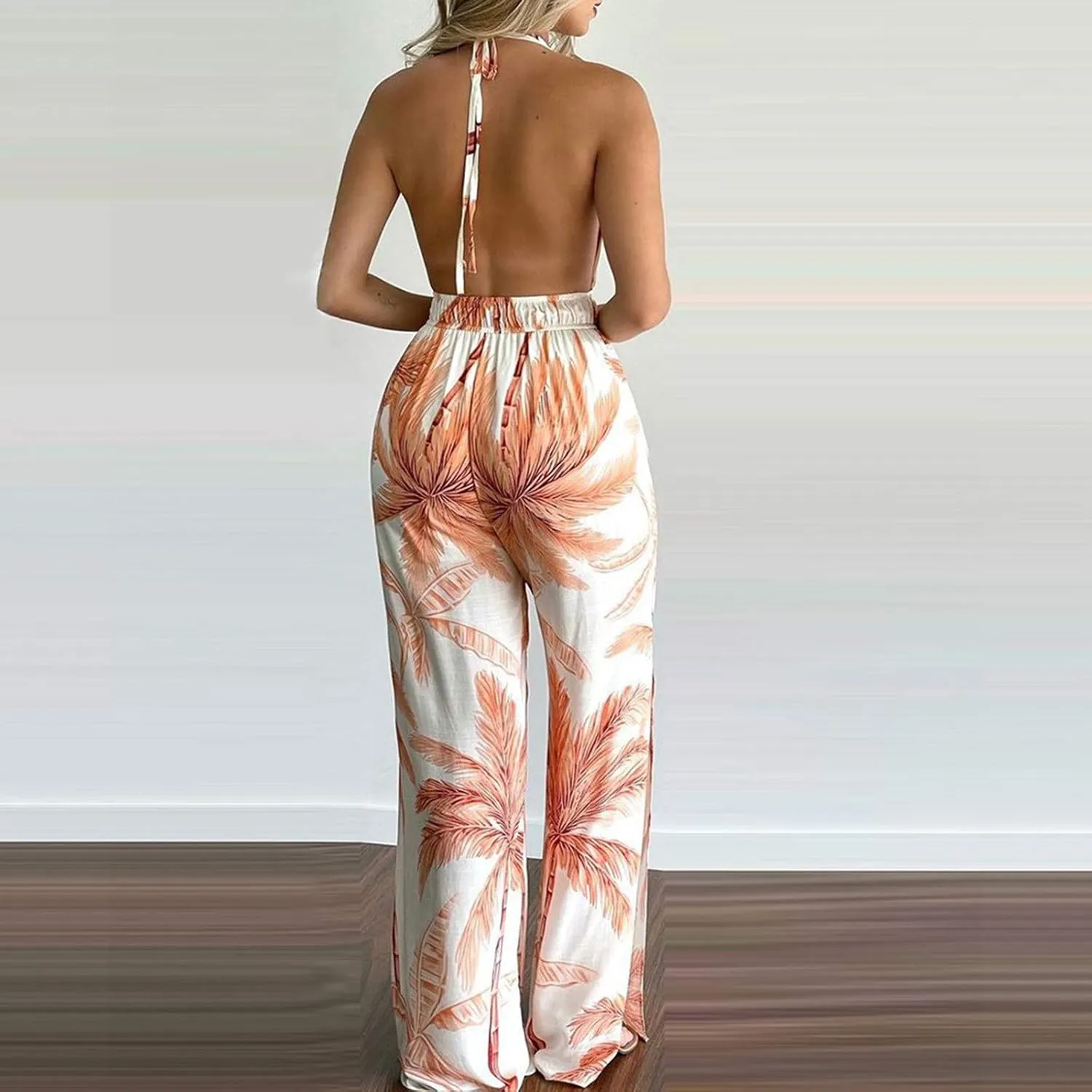 Jumpsuits for Women Casual Floral Print Sleeveless Halter Jumpsuit High Waist Wide Leg Pants Summer Beach Outfit