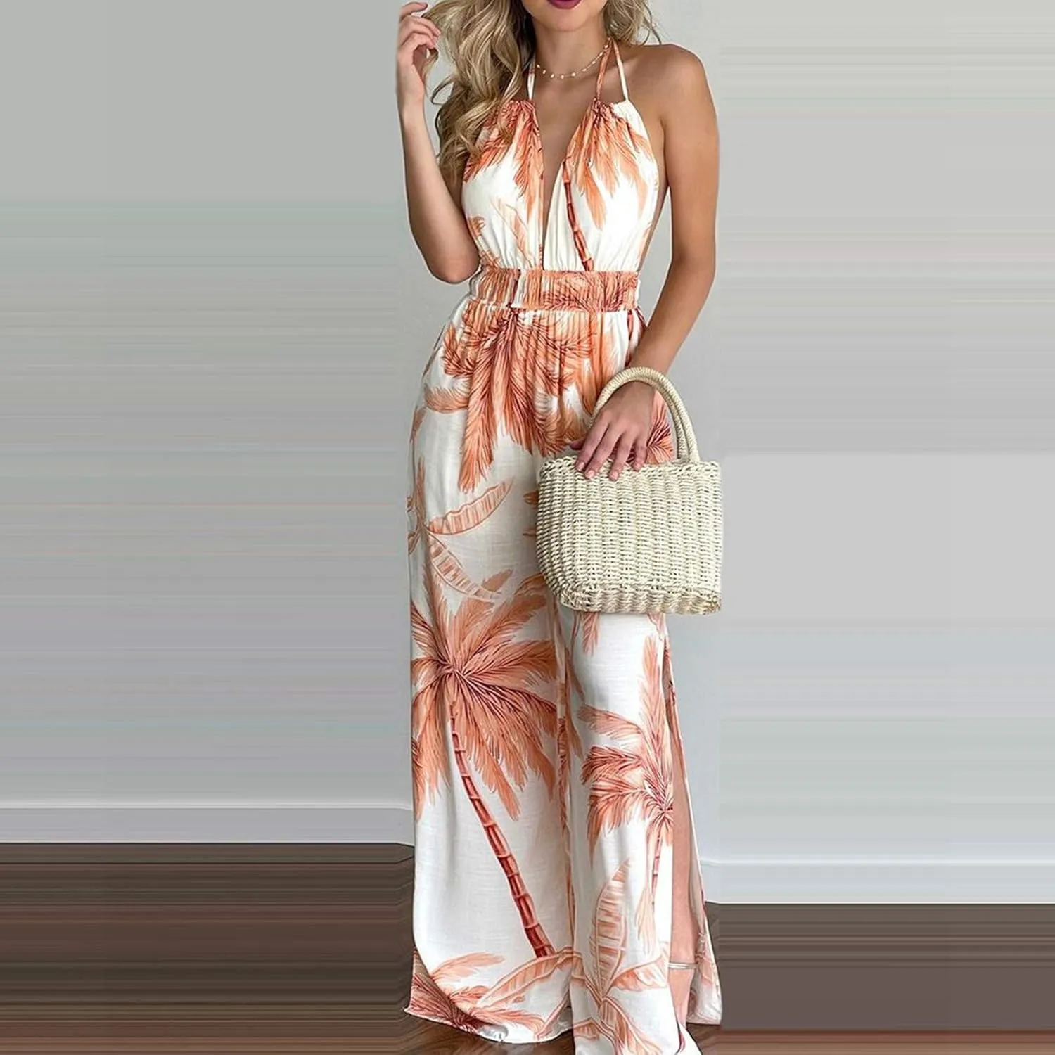 Jumpsuits for Women Casual Floral Print Sleeveless Halter Jumpsuit High Waist Wide Leg Pants Summer Beach Outfit