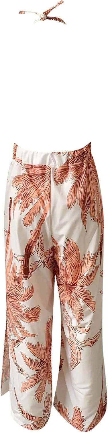 Jumpsuits for Women Casual Floral Print Sleeveless Halter Jumpsuit High Waist Wide Leg Pants Summer Beach Outfit
