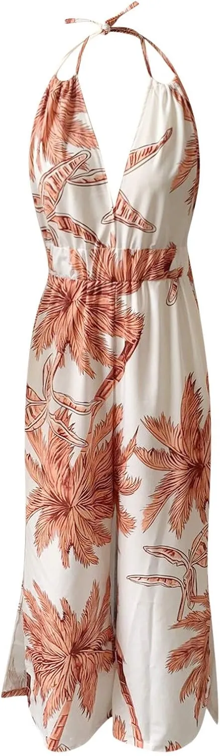 Jumpsuits for Women Casual Floral Print Sleeveless Halter Jumpsuit High Waist Wide Leg Pants Summer Beach Outfit