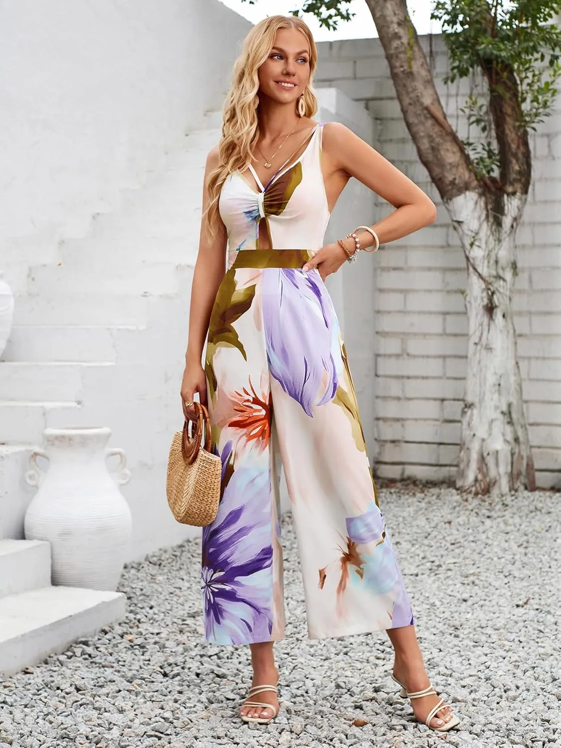 Jumpsuits for Women Sleeveless V Neck High Waist Long Pant