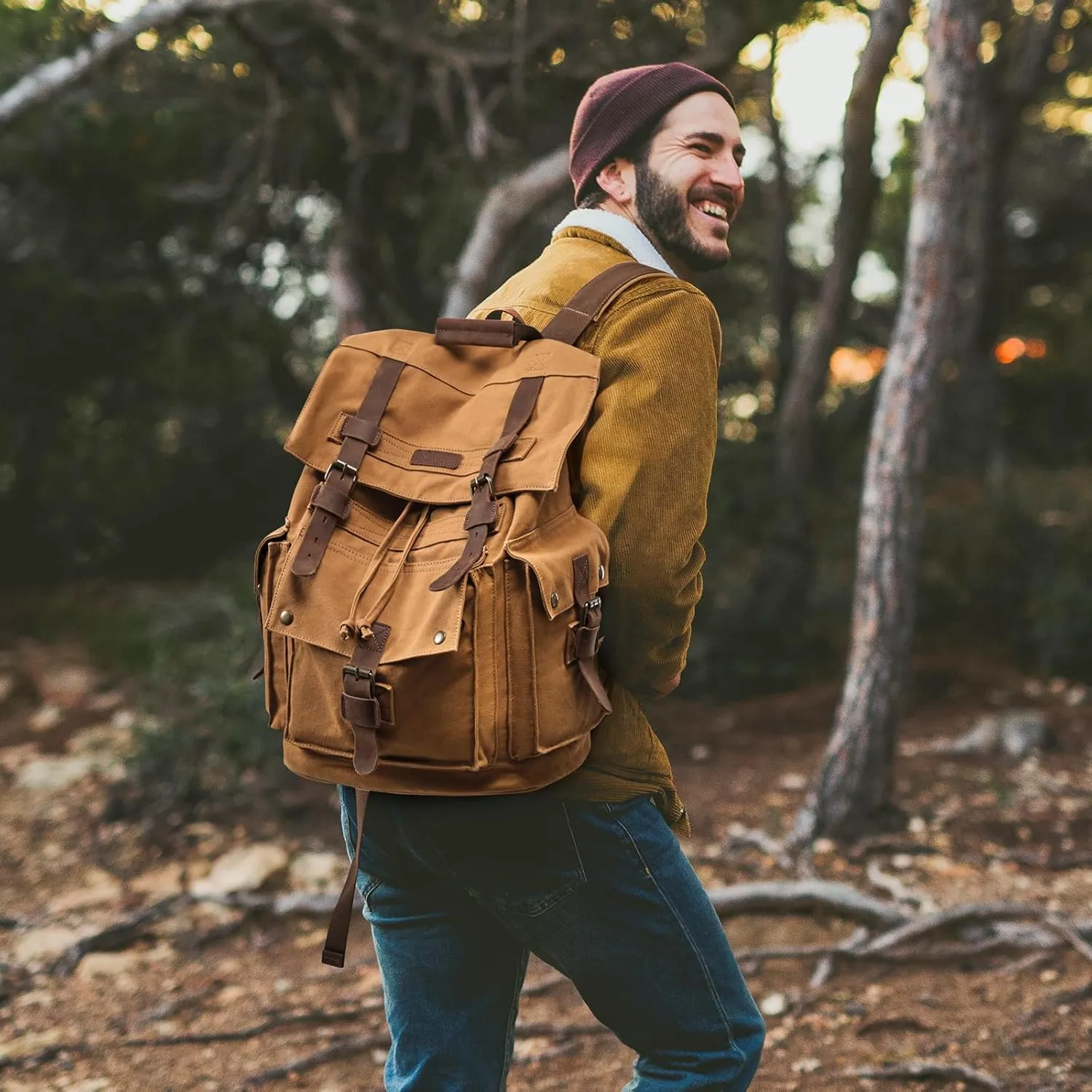 Kattee Mens Leather Canvas Backpack Large School Bag Travel Rucksack Khaki