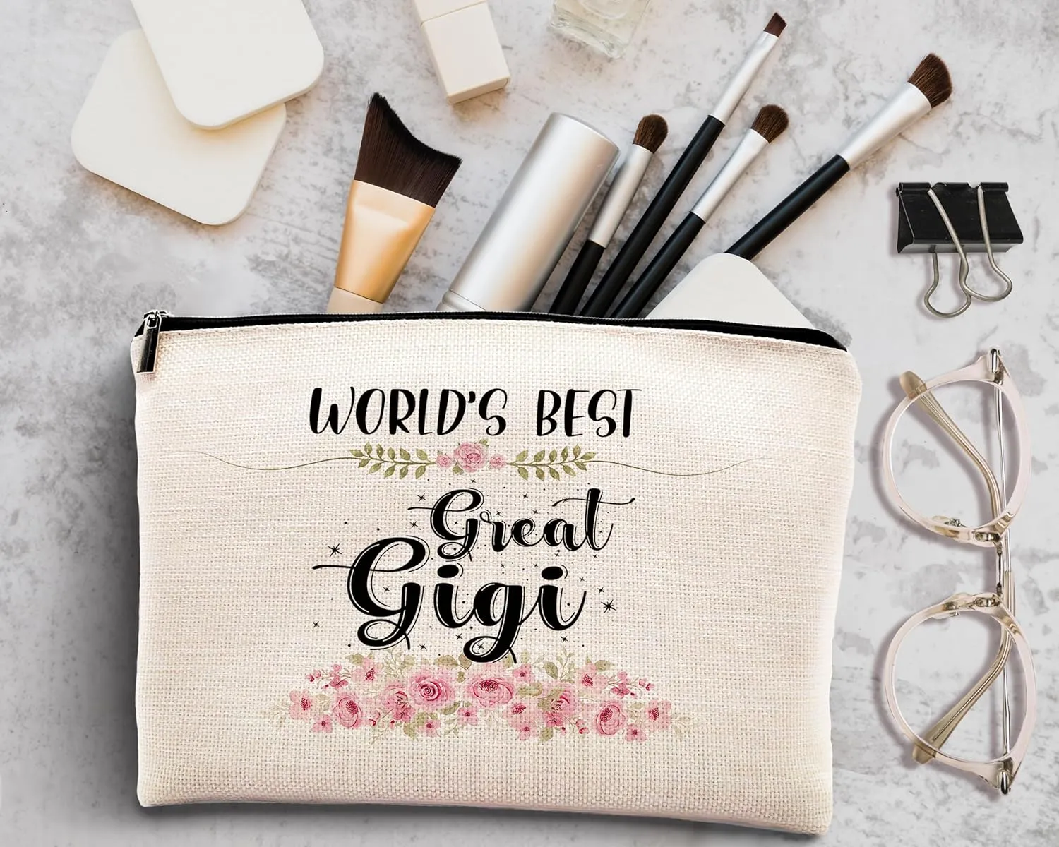 kdqua Great Gigi Makeup Bag, Mothers Day Birthday Gifts from Granddaughter, Appreciation Gifts for Grandma Grandmother, Watercolor Floral Linen Cosmetic Bag Zipper Pouch Travel Organizer Toiletry Bag