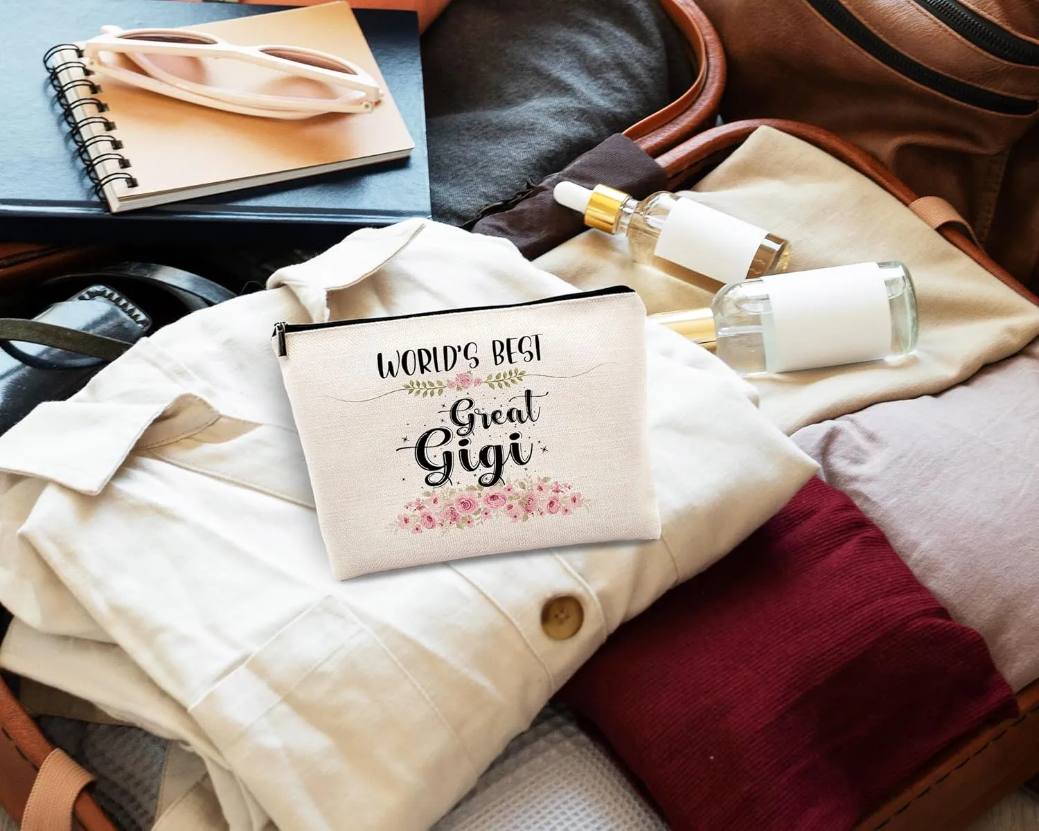 kdqua Great Gigi Makeup Bag, Mothers Day Birthday Gifts from Granddaughter, Appreciation Gifts for Grandma Grandmother, Watercolor Floral Linen Cosmetic Bag Zipper Pouch Travel Organizer Toiletry Bag
