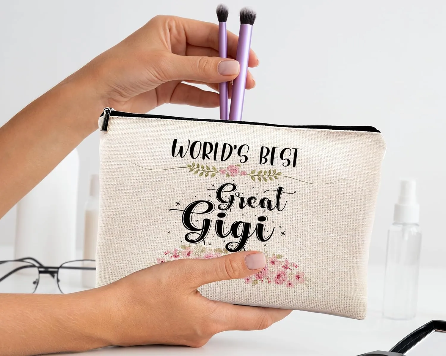 kdqua Great Gigi Makeup Bag, Mothers Day Birthday Gifts from Granddaughter, Appreciation Gifts for Grandma Grandmother, Watercolor Floral Linen Cosmetic Bag Zipper Pouch Travel Organizer Toiletry Bag