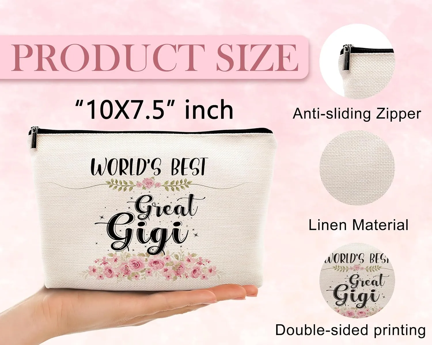 kdqua Great Gigi Makeup Bag, Mothers Day Birthday Gifts from Granddaughter, Appreciation Gifts for Grandma Grandmother, Watercolor Floral Linen Cosmetic Bag Zipper Pouch Travel Organizer Toiletry Bag
