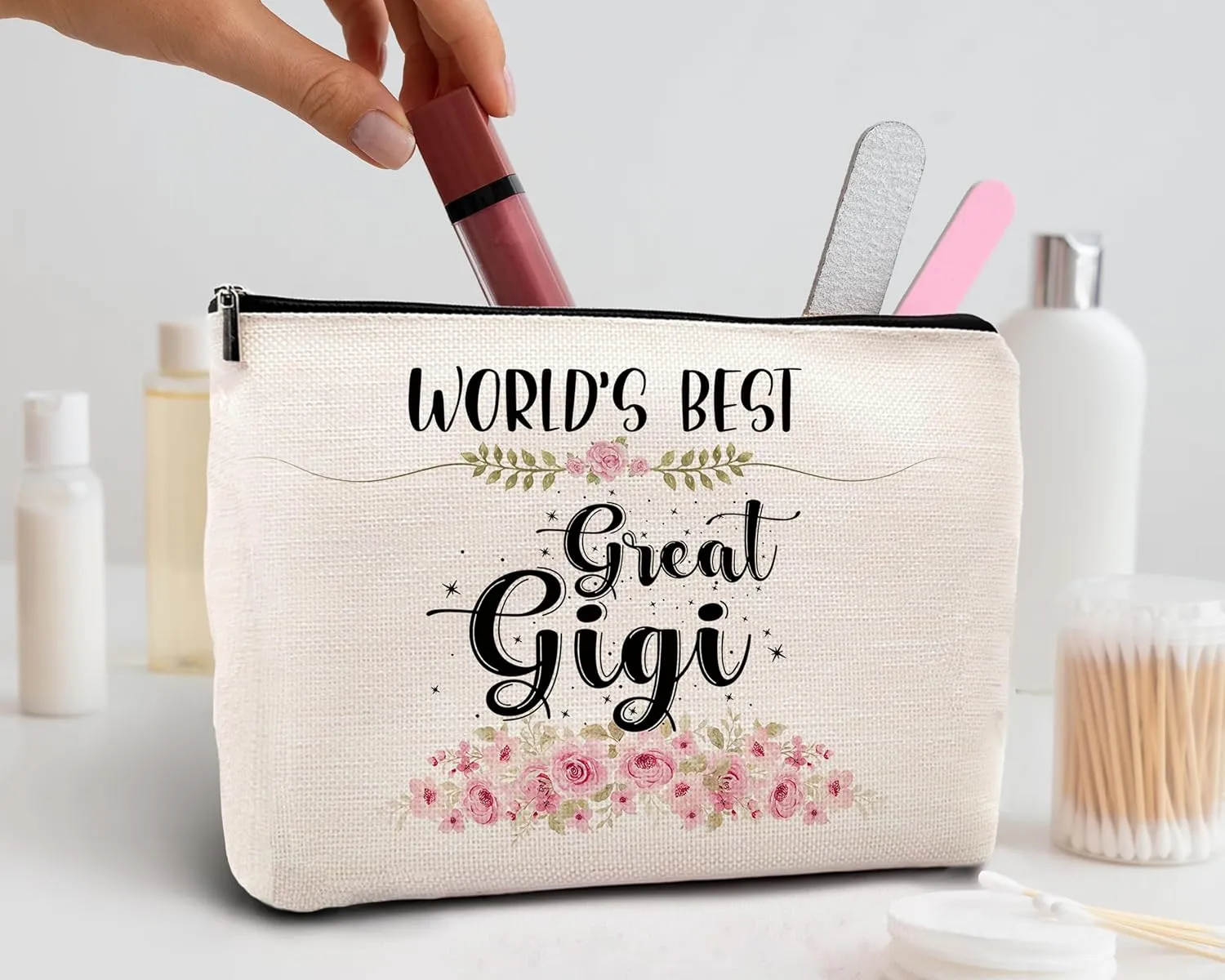 kdqua Great Gigi Makeup Bag, Mothers Day Birthday Gifts from Granddaughter, Appreciation Gifts for Grandma Grandmother, Watercolor Floral Linen Cosmetic Bag Zipper Pouch Travel Organizer Toiletry Bag