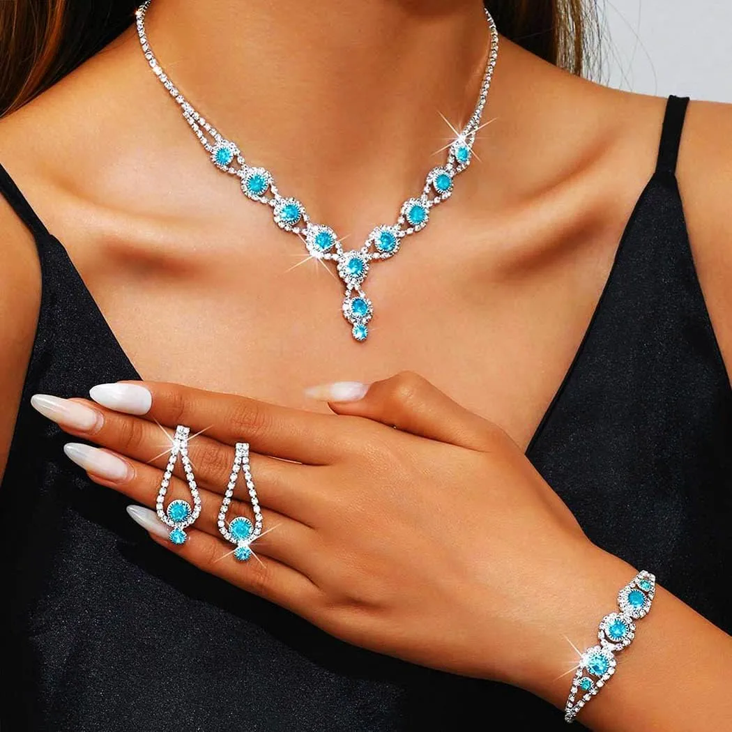 Kilshye Rhinestone Bridal Wedding Jewelry Set Crystal Necklace Earrings Bracelet Sets Prom Jewelry for Women