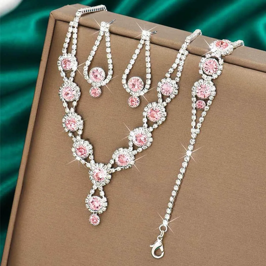 Kilshye Rhinestone Bridal Wedding Jewelry Set Crystal Necklace Earrings Bracelet Sets Prom Jewelry for Women