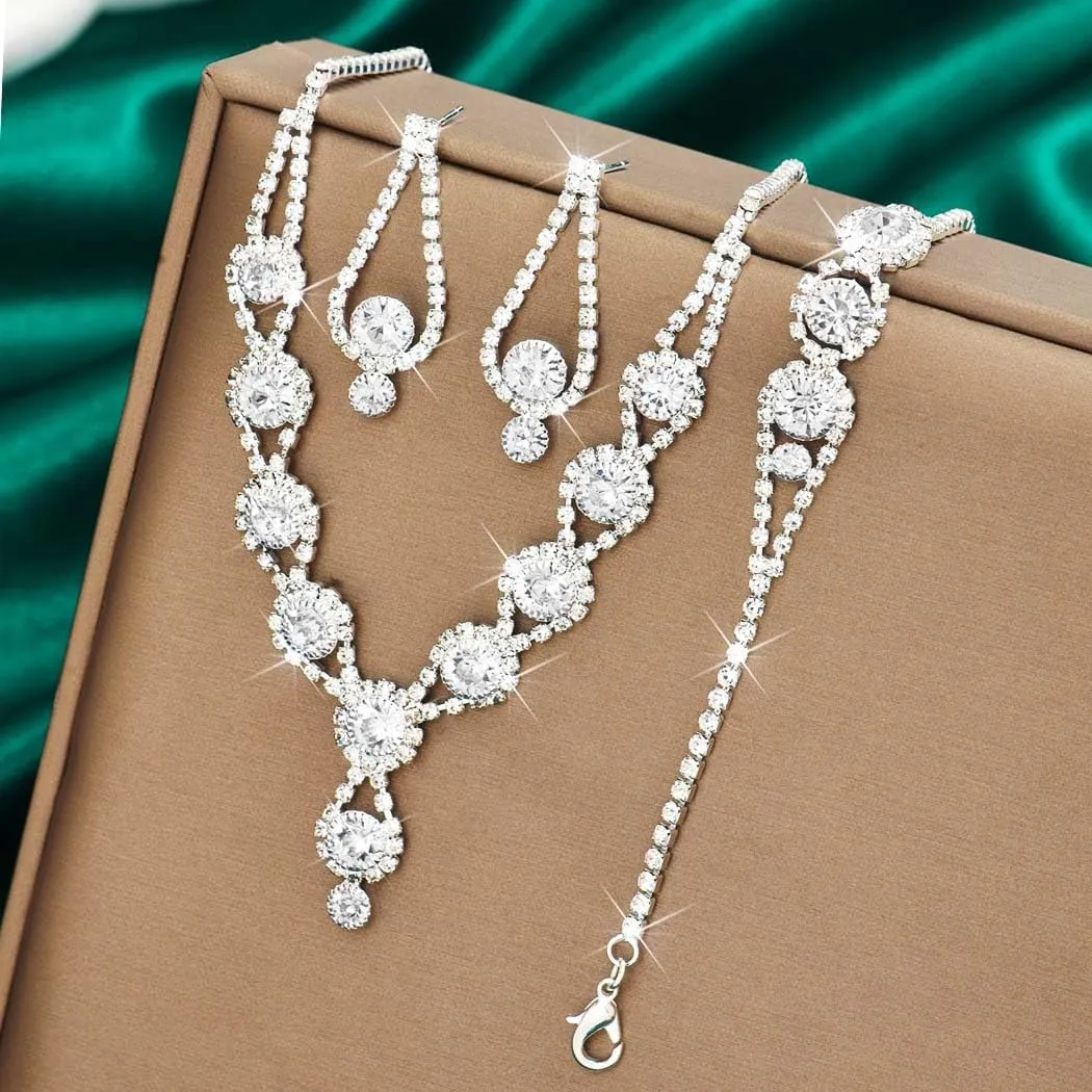 Kilshye Rhinestone Bridal Wedding Jewelry Set Crystal Necklace Earrings Bracelet Sets Prom Jewelry for Women