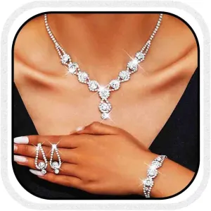 Kilshye Rhinestone Bridal Wedding Jewelry Set Crystal Necklace Earrings Bracelet Sets Prom Jewelry for Women