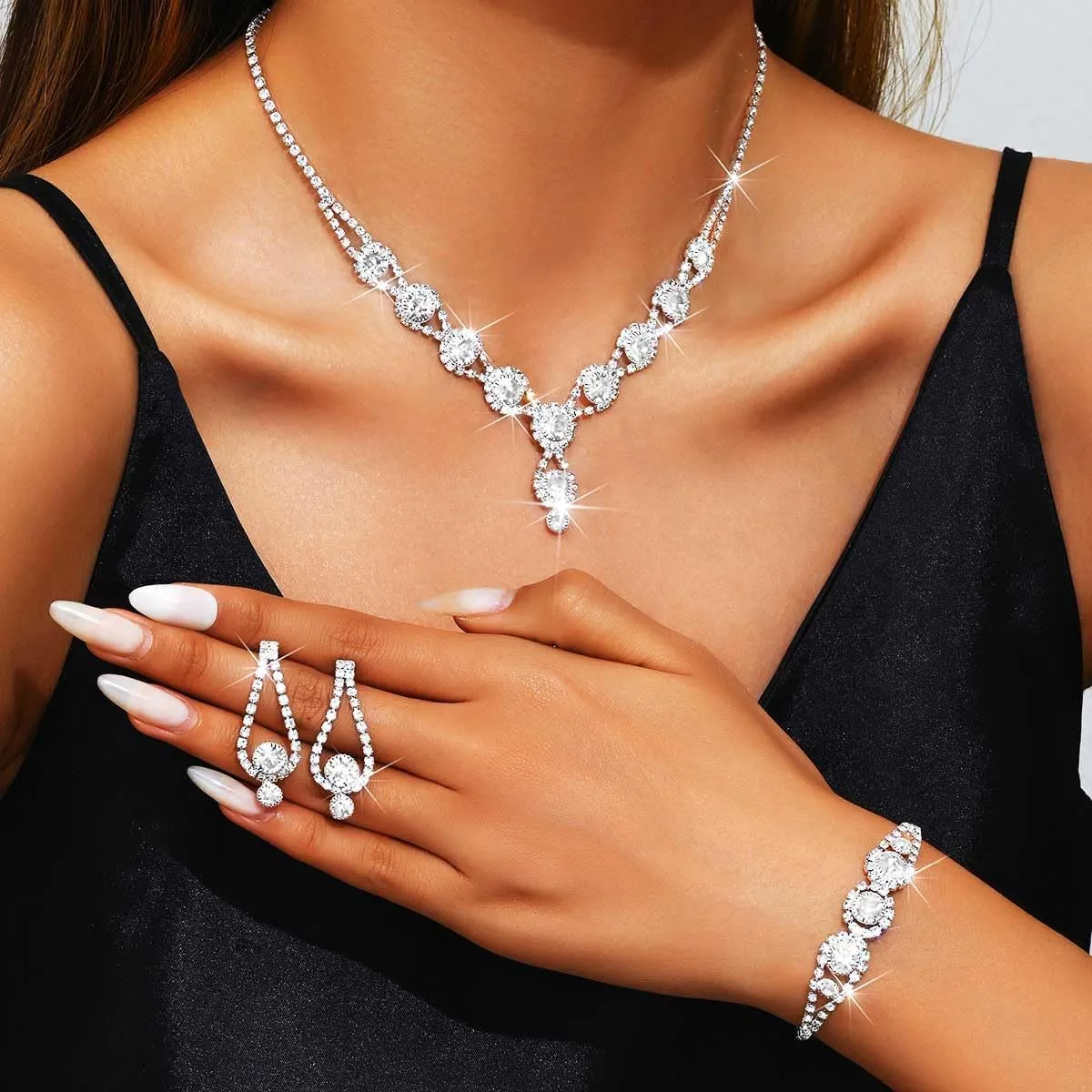 Kilshye Rhinestone Bridal Wedding Jewelry Set Crystal Necklace Earrings Bracelet Sets Prom Jewelry for Women