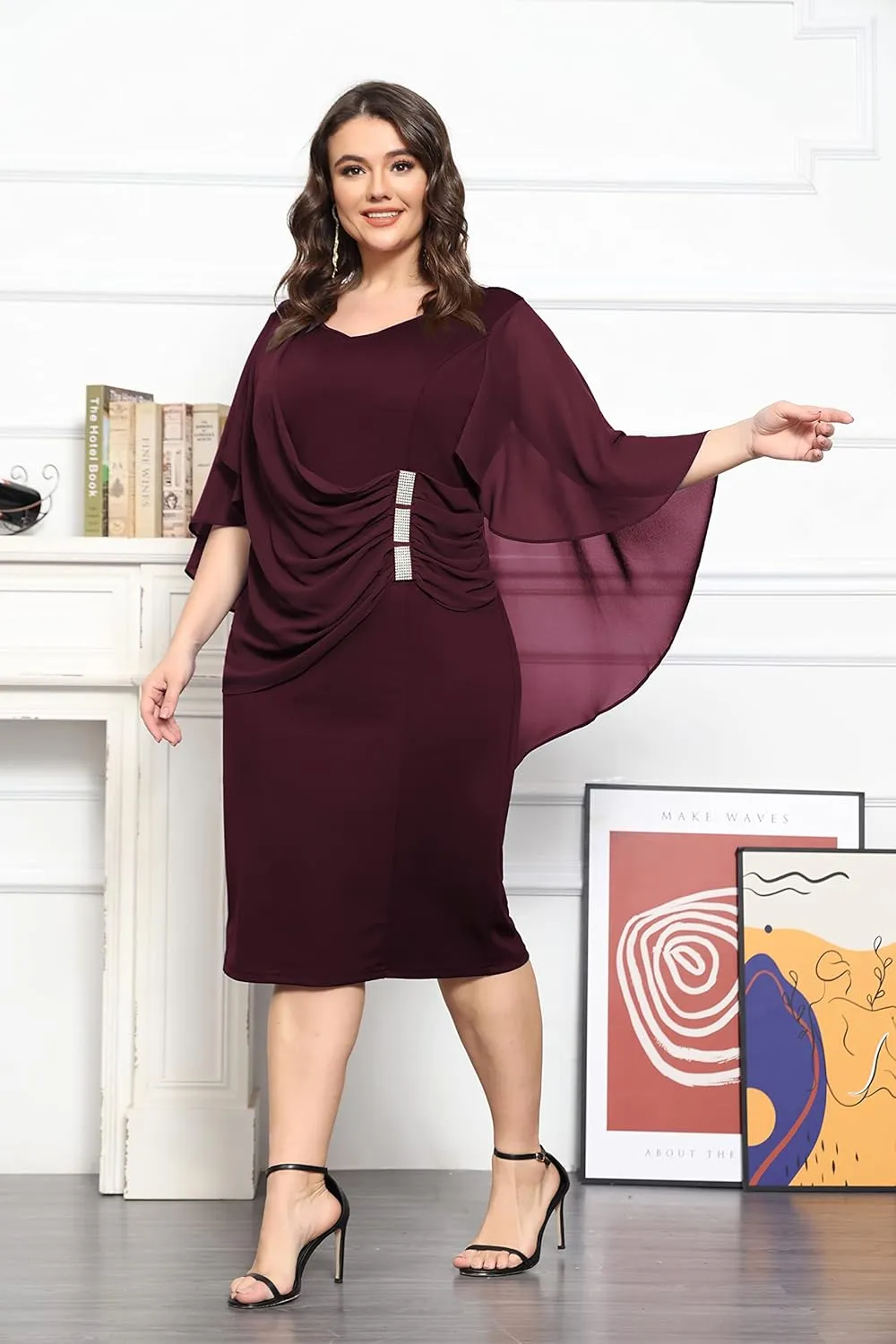 KIMCURVY Women's Plus Size Cape Chiffon Dress Evening Pencil Dress for Wedding Cocktail Party with Rhinestone