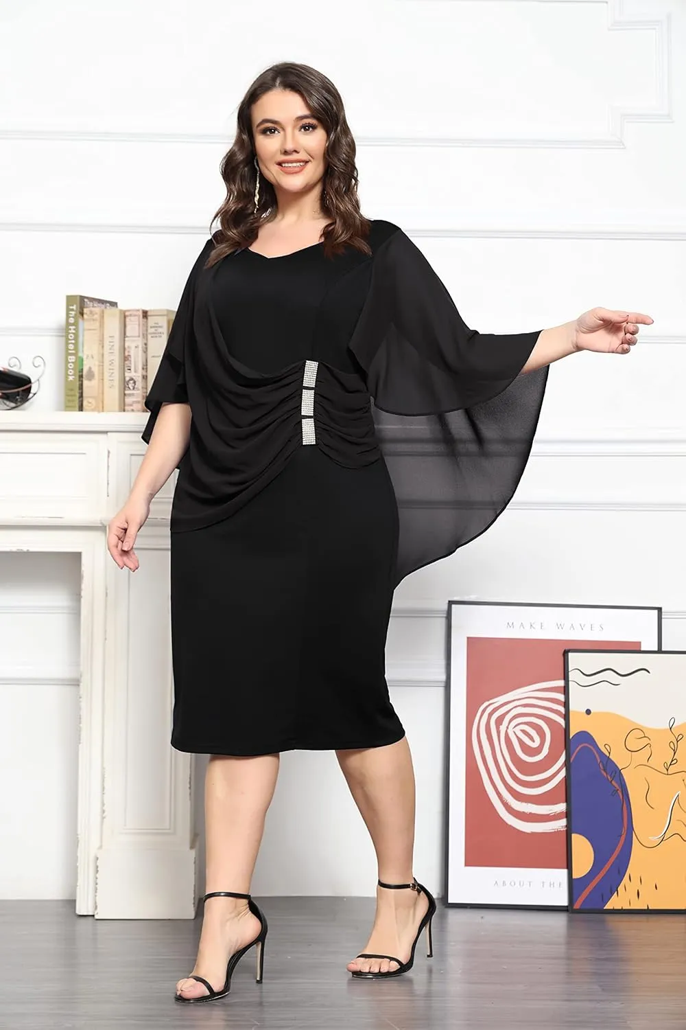 KIMCURVY Women's Plus Size Cape Chiffon Dress Evening Pencil Dress for Wedding Cocktail Party with Rhinestone
