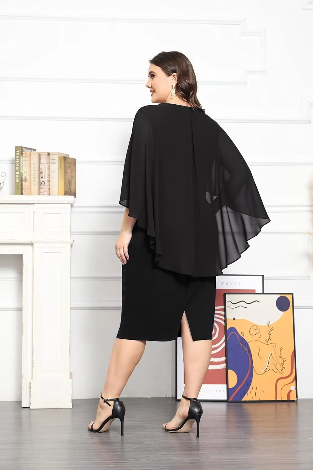 KIMCURVY Women's Plus Size Cape Chiffon Dress Evening Pencil Dress for Wedding Cocktail Party with Rhinestone