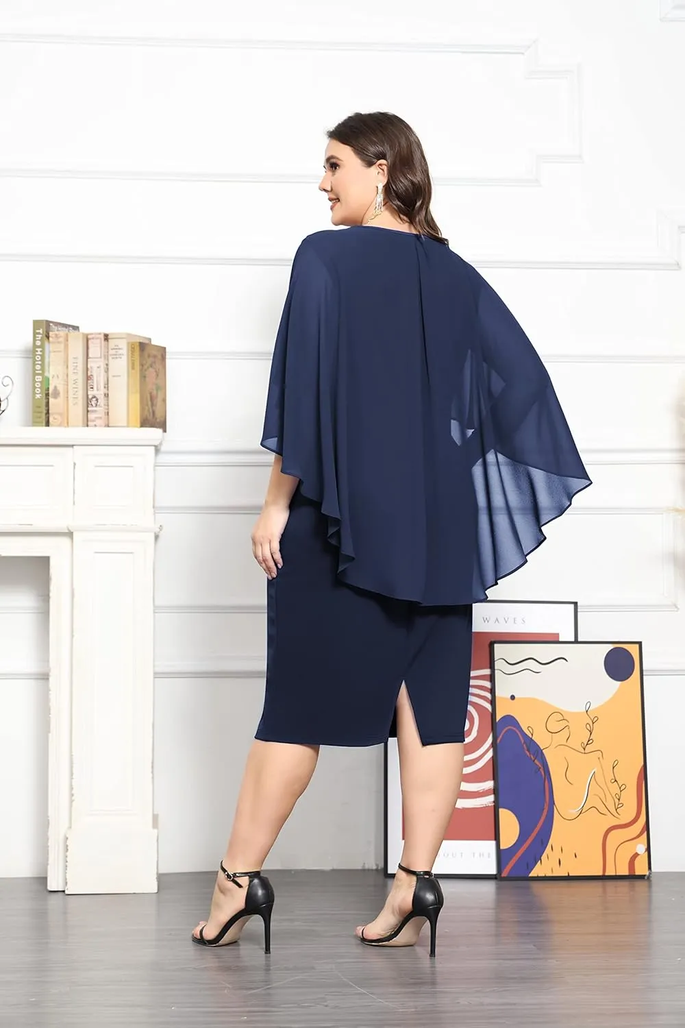 KIMCURVY Women's Plus Size Cape Chiffon Dress Evening Pencil Dress for Wedding Cocktail Party with Rhinestone