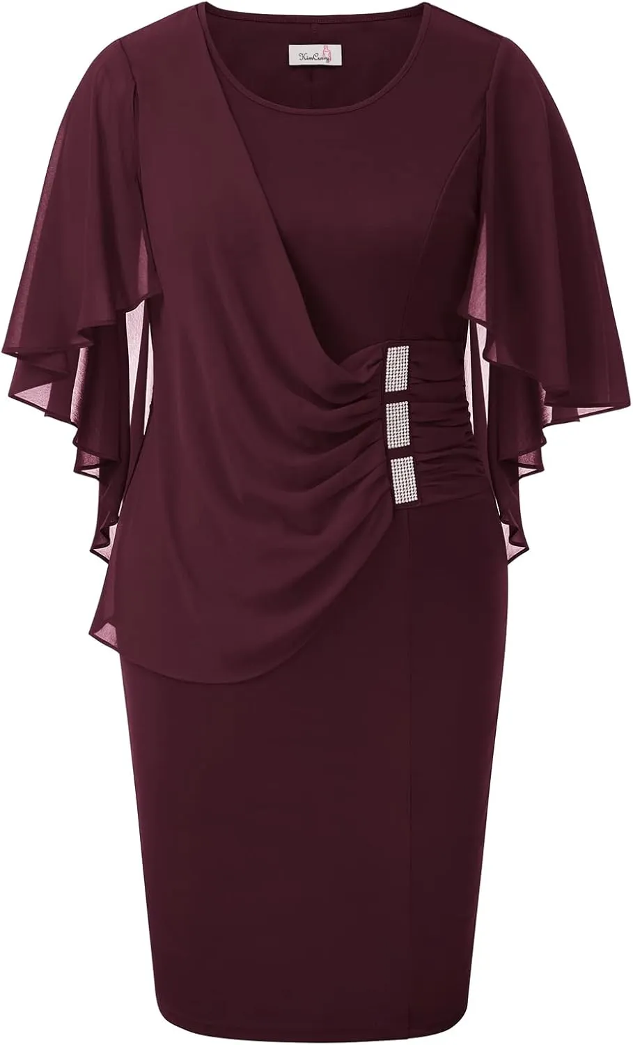 KIMCURVY Women's Plus Size Cape Chiffon Dress Evening Pencil Dress for Wedding Cocktail Party with Rhinestone