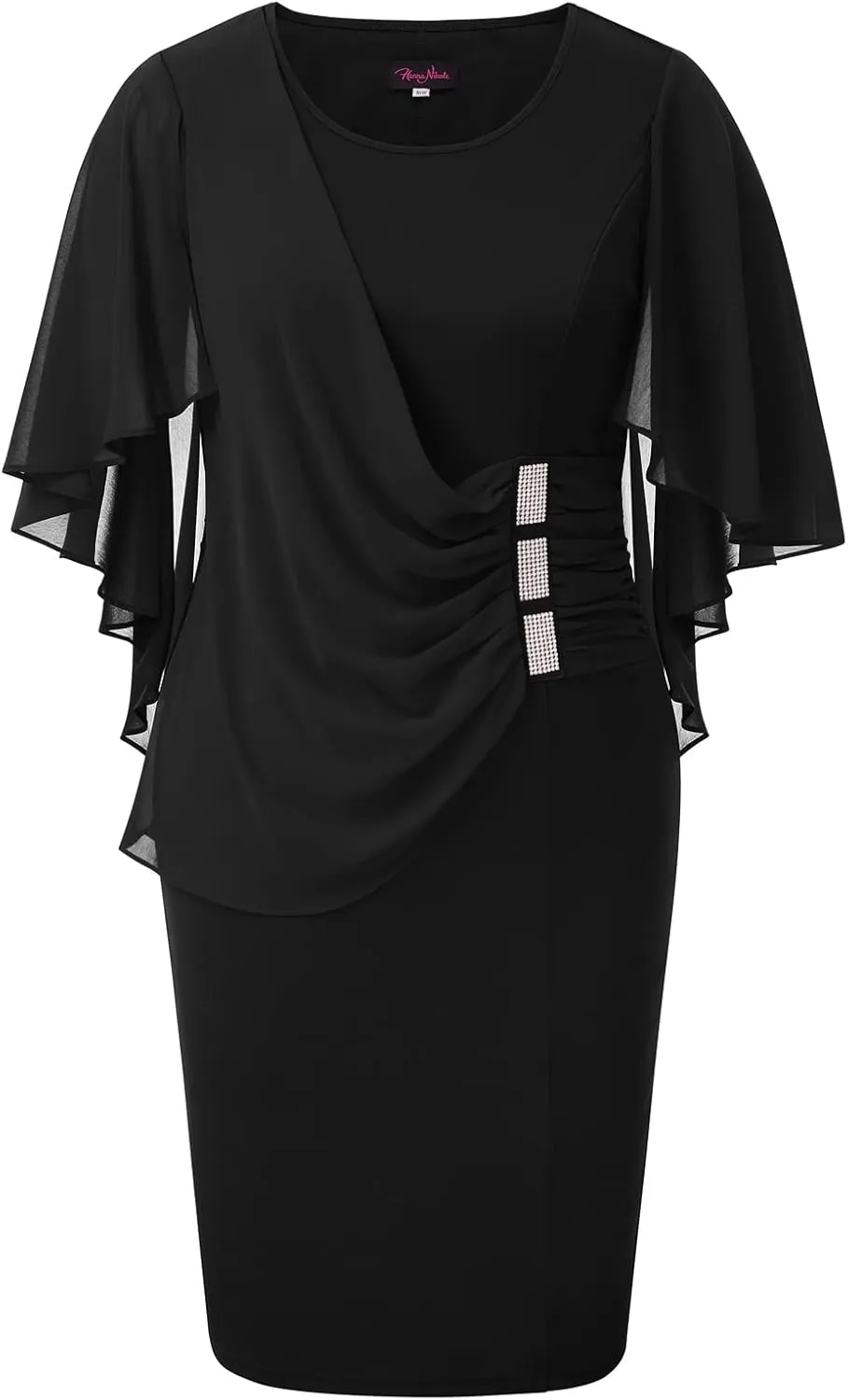 KIMCURVY Women's Plus Size Cape Chiffon Dress Evening Pencil Dress for Wedding Cocktail Party with Rhinestone