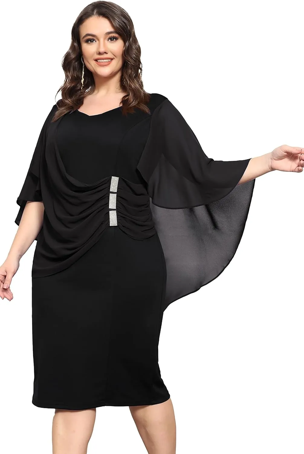KIMCURVY Women's Plus Size Cape Chiffon Dress Evening Pencil Dress for Wedding Cocktail Party with Rhinestone