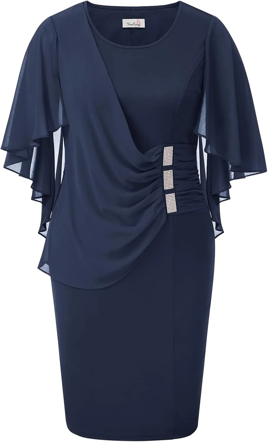 KIMCURVY Women's Plus Size Cape Chiffon Dress Evening Pencil Dress for Wedding Cocktail Party with Rhinestone