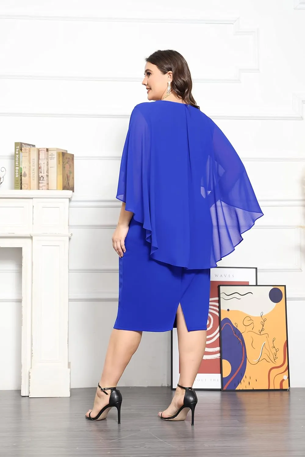KIMCURVY Women's Plus Size Cape Chiffon Dress Evening Pencil Dress for Wedding Cocktail Party with Rhinestone