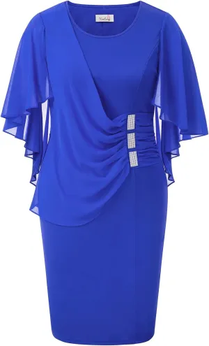 KIMCURVY Women's Plus Size Cape Chiffon Dress Evening Pencil Dress for Wedding Cocktail Party with Rhinestone