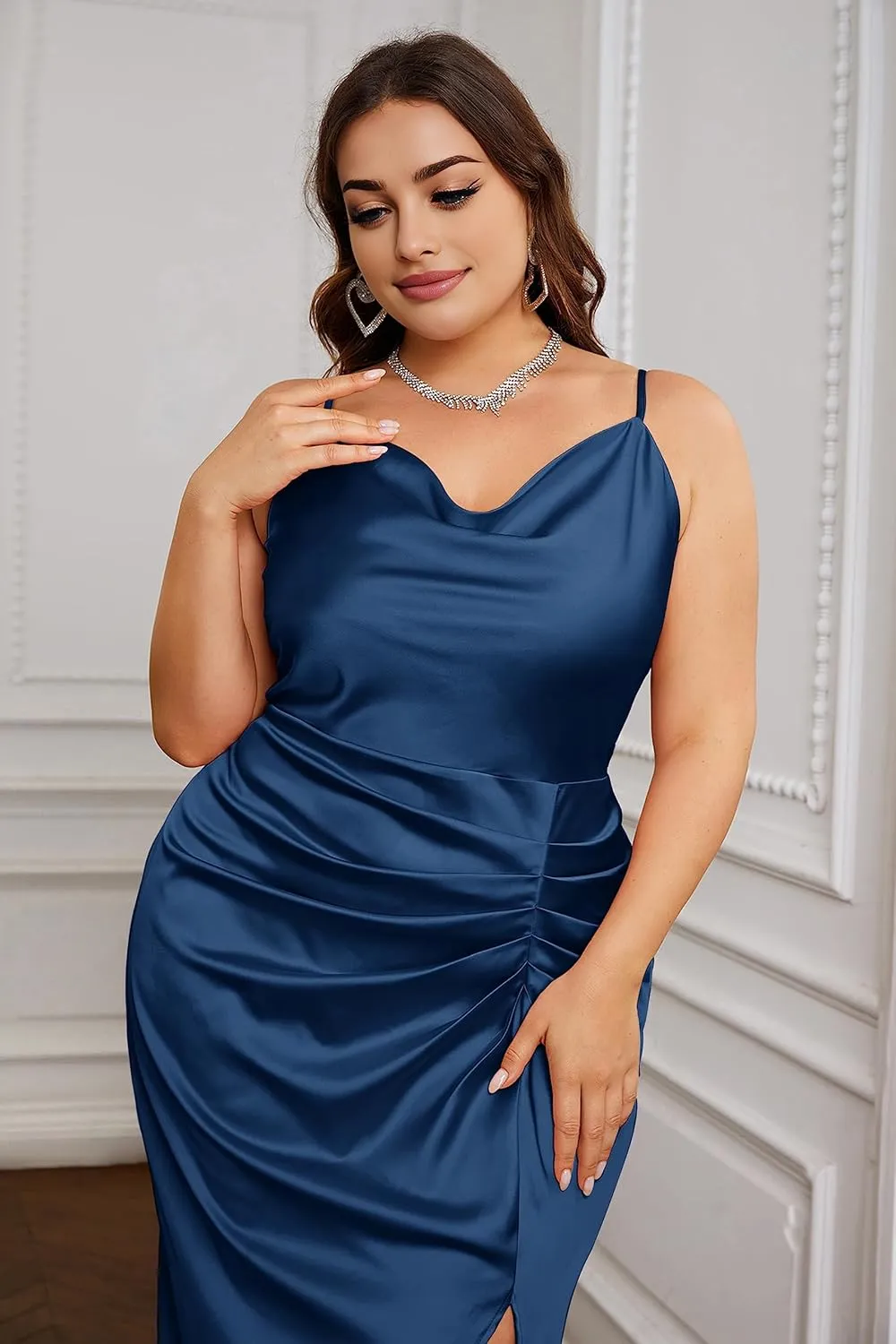 KIMCURVY Women's Plus Size Satin Dress Ruched Spaghetti Strap Cowl Neck Midi Party Cami Dress for Cocktail Party